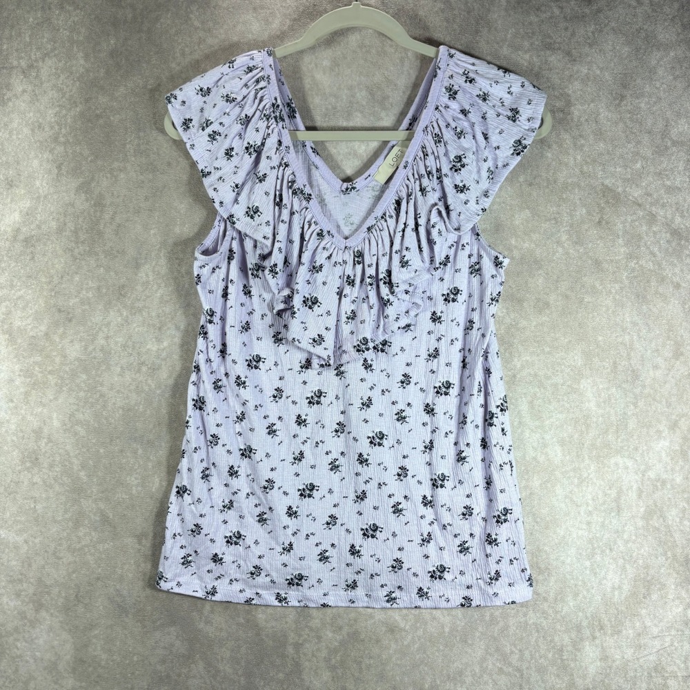 Loft Ruffle Top Women S Lavender Purple Floral Textured Knit Sleeveless Romantic